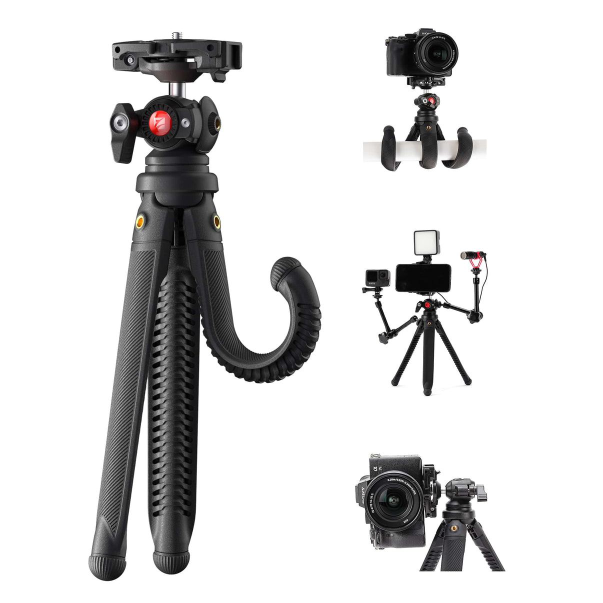 Freewell VlogPod – flexible tripod with wrap-around legs, ball head, and universal mount for smartphones, cameras, and vlogging setups.